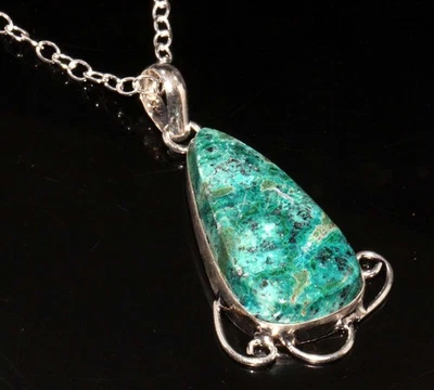 Enorme Collar Crisocola Malaquita Plata 925 Chapado 18" Delicado Fino GW Foto 1 de 3