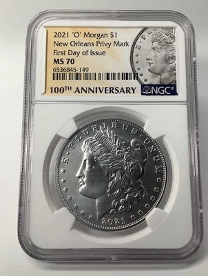 2021-O $1 Morgan Silver Dollar New Orleans Privy Mark NGC 100th Anniversary MS70 - Image 1 of 2