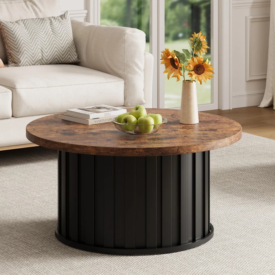 Round Coffee Table with Metal Base, Mid Century Modern Design, 31.9" Fluted C... - Image 1 of 4
