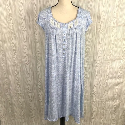 Eileen West Nightgown Size L Cotton Blend Knit Cap Sleeve Pintuck Lace Blue - Image 1 of 4