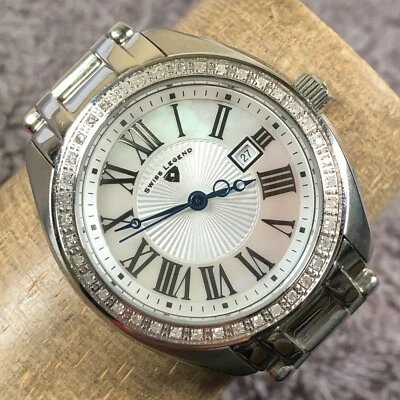 Swiss Legend The Estate Diamond Wome Dress Date Silver Tone Quartz 33mm Watch 6" - image 1 of 4