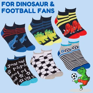 Kids Boys 6 Pairs Liner Ankle Socks Football Soccer Dino Dinosaur Trainer Cotton - Picture 1 of 7