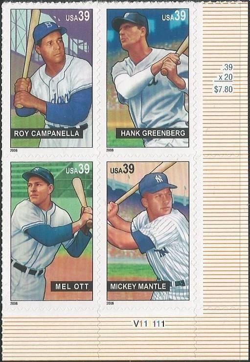 Plate Block of 4 - Scott 4080-83 - 39 cent - Baseball Sluggers - 2006 - MNH - Image 1 of 1