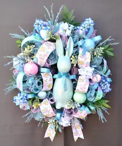 Handmade Easter Bunny Wreath, Spring Front Door Decor, Elegant Bunny Wreath - Picture 1 of 15