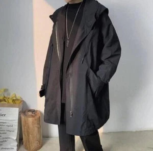 New Men's Casual Hoode Jacket Mid Length Trench Coat Solid Pocket Outerwear Gift - Picture 1 of 14