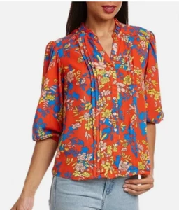 Nanette Lepore Women's Small Crepe Chiffon Blouse Saffron Sun Print Button - Picture 1 of 7