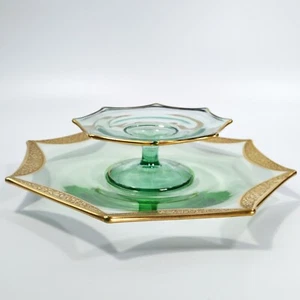 Plato de galleta y queso franciscano Tiffin de 1930 verde con borde de oro rosa en relieve - Imagen 1 de 17