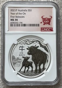 2021 Australia .9999 Bullion Silver Lunar Year of the OX NGC MS70 1oz $1 Coin - Picture 1 of 2