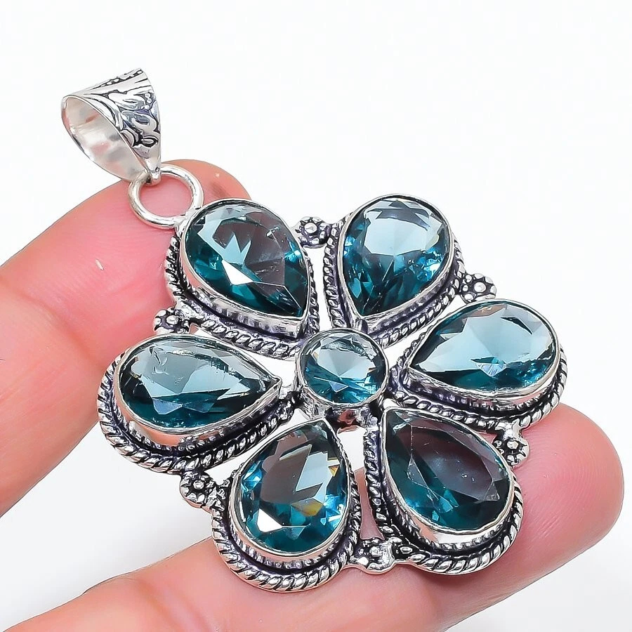 Colgante de joyería de plata de ley 925 hecho a mano con piedras preciosas de topacio azul de Londres talla 2,5" Foto 1 de 1