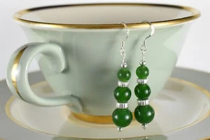 Fabulous Graduated Genuine Nephrite Jade and Sterling Silver Dangle Earrings 925 - Picture 1 of 3