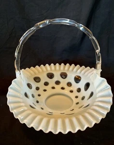Large 10" Fenton White French Opalescent Coin Dot Basket - Picture 1 of 8