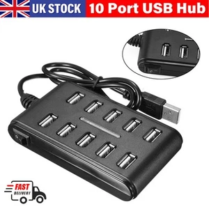 10 Port Hub Black USB 2.0 High Speed Multiple Splitter Adapter Extension Cable - Picture 1 of 16
