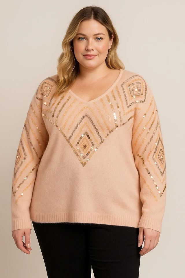 Outlander Womens Lambswool Angora 1X Sequin Embellished Sweater Pink / Coral - Image 1 of 4