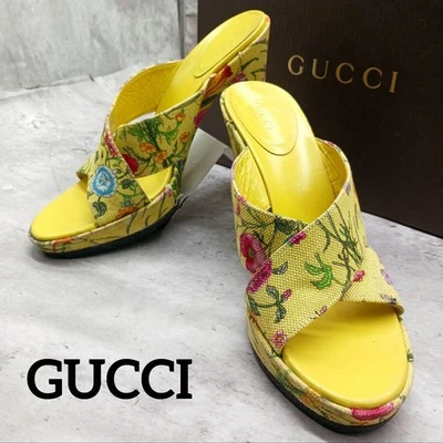 Сандалии на каблуке GUCCI Mules холщовые с цветочным рисунком желтые EU37/US7 112174c - Изображение 1 из 4