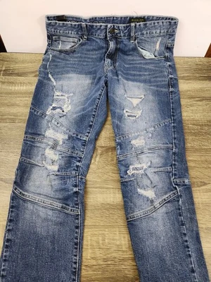 Pantalones de mezclilla azul lavado medio elástico 36x32 Smoke Rise desgastados ajustados para hombre Foto 1 de 4