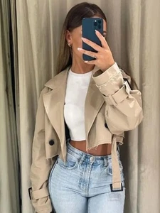 Belt Cropped Trench Spring Jacket Women Vintage Streetwear Double Breasted Long - Bild 1 von 7