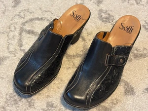 Sofft Black Leather Floral Hand Tooled 3" Heel Slip-On Clog Mule Size 8M - Picture 1 of 10