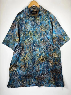 Pete Huntington Bali Shirt XLT Blue Gold Batik Print Handcrafted Classic Fit - Image 1 of 4