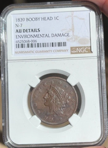 1839 Booby Head Coronet Large Cent NGC AU Details   Freshly Graded Cover