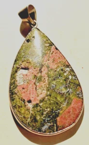 Natural Pink & Green Rhodonite Gemstone Silver Bezel Teardrop Pendant 12 gms - Picture 1 of 7