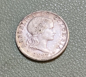 1897 Colombia 10 Centavos Silver Coin, 0.0535 ASW, XF/AU Nice Grade - Picture 1 of 4
