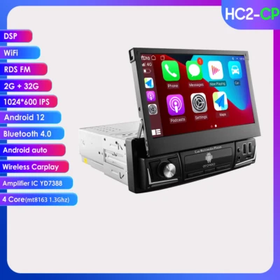 Single 1 DIN 7"Android 12 Flip Up GPS Navi Car Stereo Radio Player 32GB Carplay - Image 1 of 4