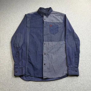 Desigual Shirt Men Medium Slim Blue Polka Dot Button Patchwork Artsy Abstract - Picture 1 of 10