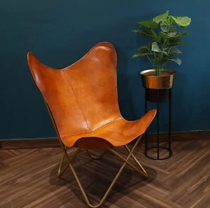 Genuine Brown Butterfly Chair-Leather Handcrafted Chairs With Iron Frame Vintage - Picture 1 of 5