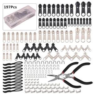197Pc/Set Replacement Metal Zipper Head Pull Slider Repair Instant Fix Plier Kit - Picture 1 of 12