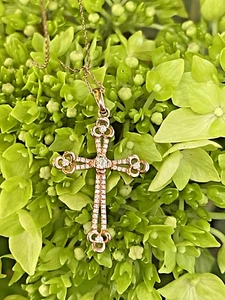 14kt Rose Gold Diamond Cross With 18” Chain - Picture 1 of 9