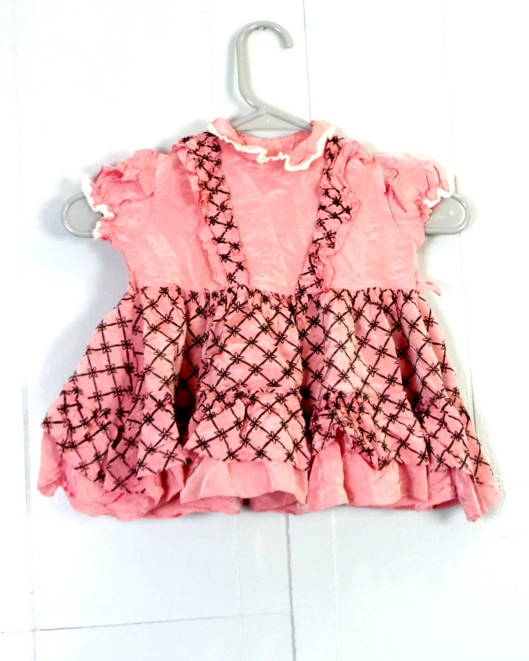 винтажный 50-х ретро розовый черный Acetate Baby платье Frilly кружева рокабилли 6-12 месяцев - Изображение 1 из 3