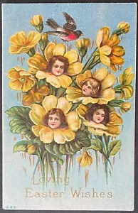 Postal de Pascua cara de flores niñas en ramo de flores amarillas ~ pájaro ~ en relieve - Imagen 1 de 3