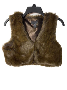 H & M Faux Fur Crop Vest Women's Size Petite 4 Brown Sleeveless Lined V-Neckline - Picture 1 of 7