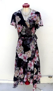 PORTMANS Navy Blue Midi Wrap DRESS Size Aus 8 Floral Pink Cocktail Wedding Races - Picture 1 of 6