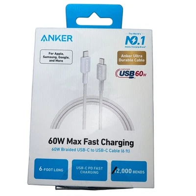 Anker 6ft 60W USB-C to USB-C Fast Charging Cable Braided White NEW 1 Pack - Image 1 of 4