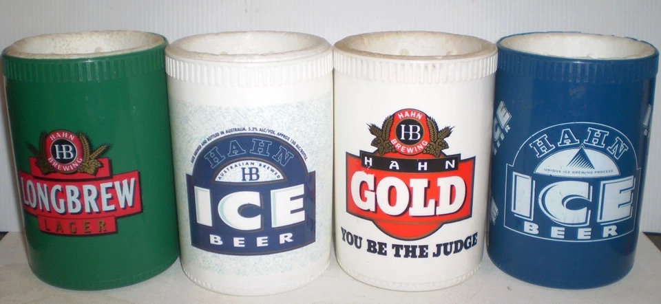 4 Old time Stubby holders- plastic / foam inside - Hahn beer - image 1 of 1