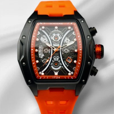 #25 IceTime 45mm relógio masculino laranja mostrador preto aço 0,10ct diamantes IT24 - Imagem 1 de 4