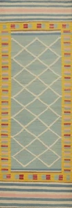 Light Blue Diamond Pattern Kilim Runner Reversible Rug Flat-Weave Carpet 3x9 - Picture 1 of 11