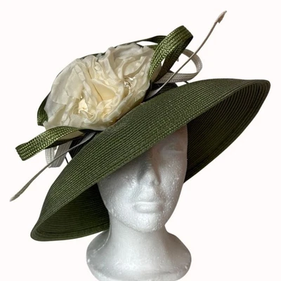 Sombrero de Vestido Preston York Ala Ancha Verde Oliva Flor Marfil Talla M De Colección Iglesia Derb Foto 1 de 4