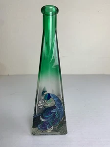 Joan Baker vitral verde con jarrón de pavo real - Imagen 1 de 5