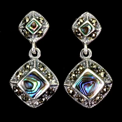 925 Sterling Silver Earrings Cushion Mother Of Pearl Marcasite Gemstone Jewelry - Image 1 of 4