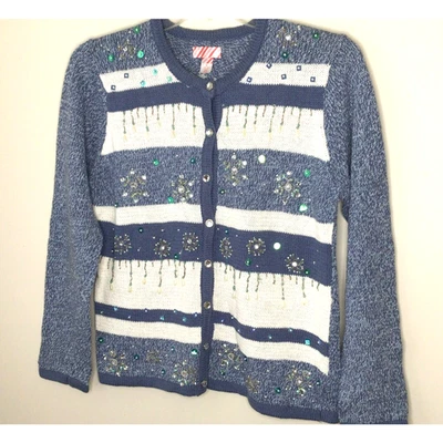 Cárdigan de Invierno Navidad Cuentas Copo de Nieve Azul y Blanco Talla M Foto 1 de 4