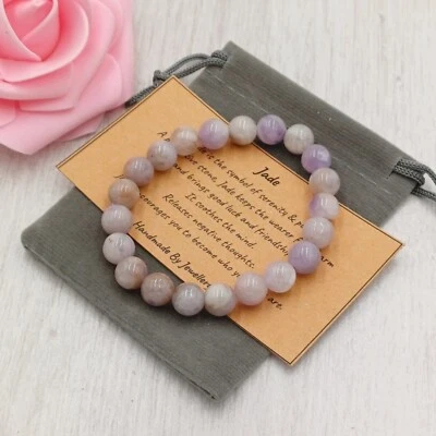 LAVENDER JADE Bracelet Stretch Fit Handmade  Gift Bag  Card Gemstone 4/6/8mm - Image 1 of 4