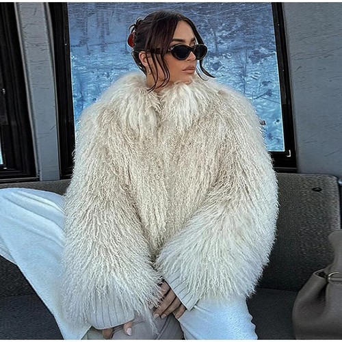 OFF WHITE Cappotto pelliccia sintetica di lusso soffice donna tinta unita risvolto manica lunga giacca spessa ampia