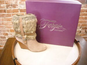 Fergie Fargo Taupe Suede & Fur Wedge Heel Boot 7.5 New