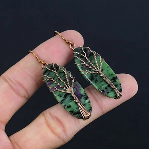 Tree Of Life Ruby Zoisite Gemstone Copper Wire Wrapped Drop Dangle Earrings - Picture 1 of 5