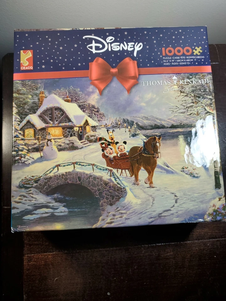 Ceaco Thomas Kinkade Disney Puzzle Mickey Minnie Sleigh Ride Christmas 1000pc