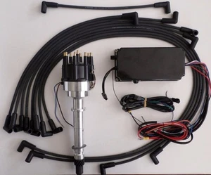 SBC CHEVY PRO-BILLET Distributor, 6AL Box & Black Spark Plug Wires Under Exhaust - Picture 1 of 1