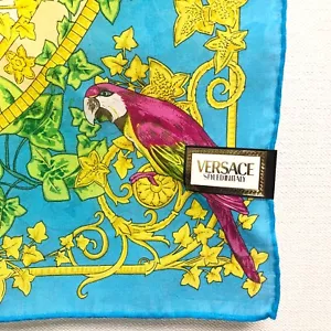 MINT Unused Versace Handkerchief Cotton 53cm 21in Parrot Bird Scarf Blue 3367-1 - Picture 1 of 11