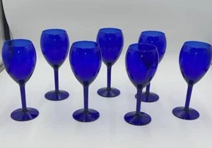 Pier 1 Cobalt Blue Water Goblet Set 8" Elegant Stemware 7 Drinking Glasses - Picture 1 of 3